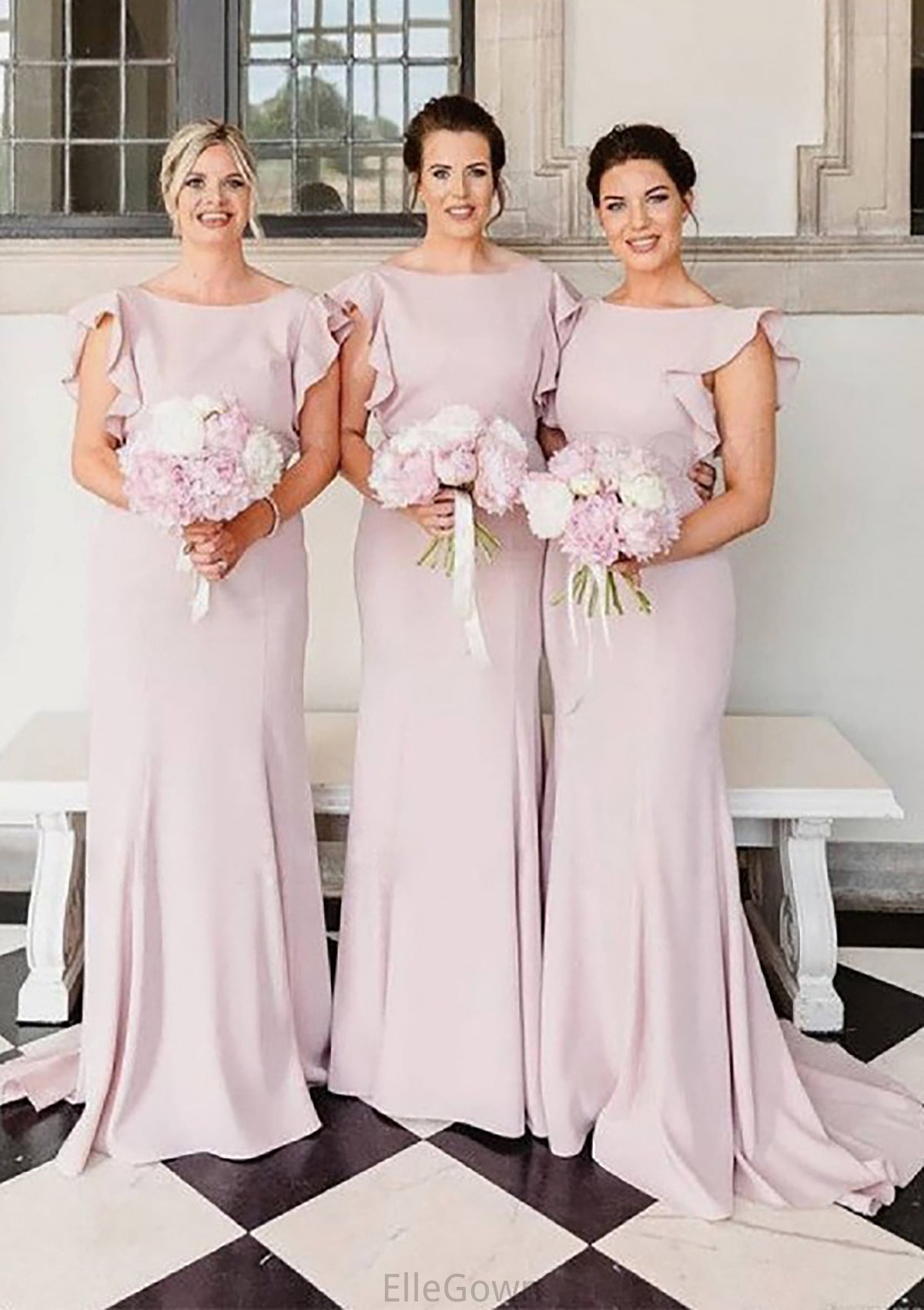 Sheath/Column Scoop Neck Sleeveless Sweep Train Elastic Satin Bridesmaid Dresses With Ruffles Alissa DEP0025415