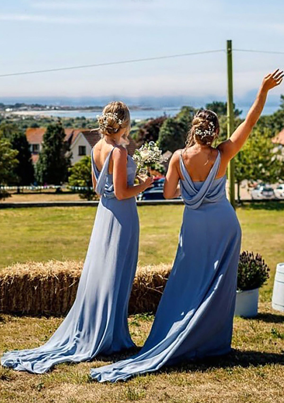 A-line V Neck Sleeveless Court Train Chiffon Bridesmaid Dresses With Pleated Allie DEP0025419