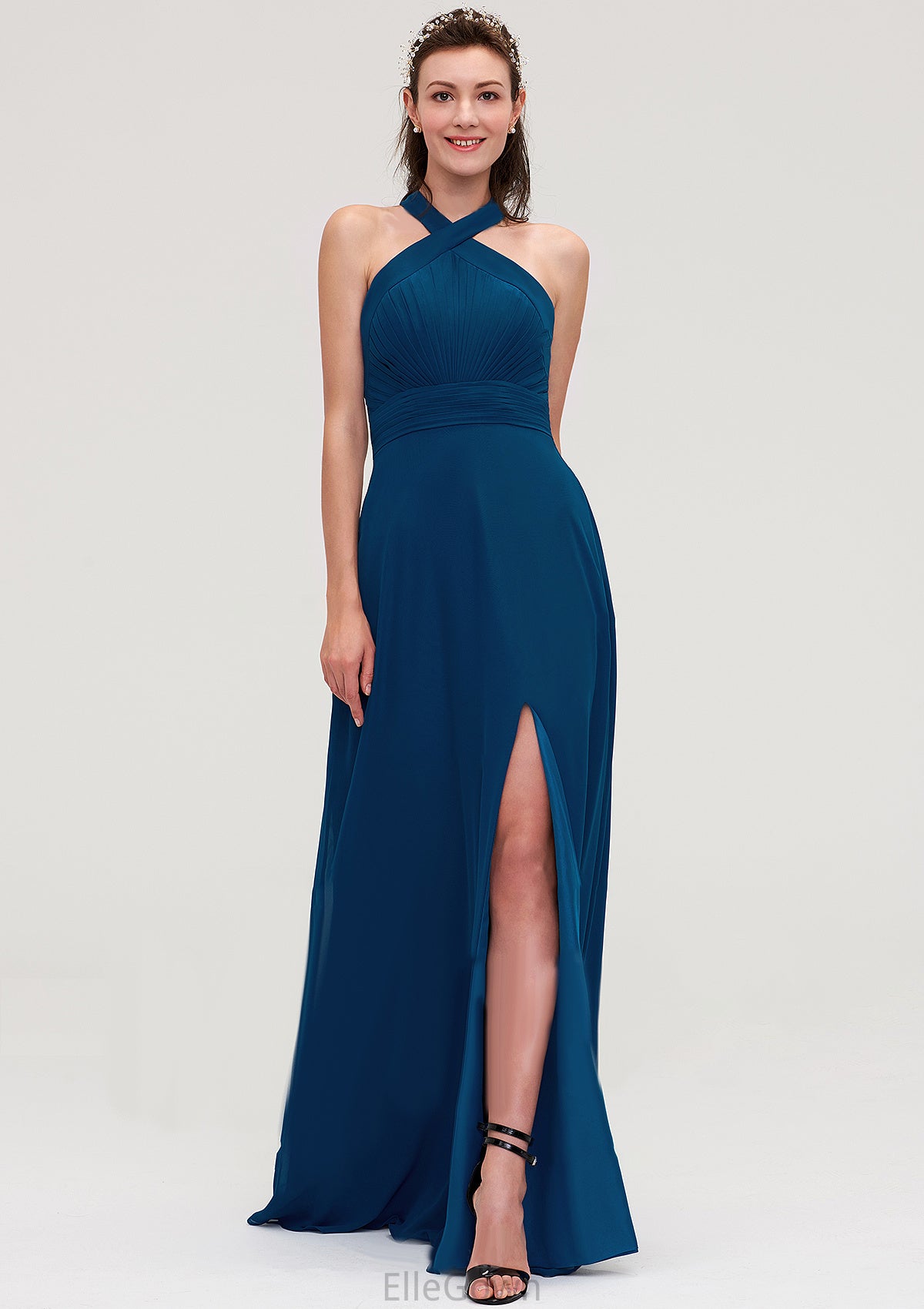 Scalloped Neck Sleeveless A-line/Princess Chiffon Long/Floor-Length Bridesmaid Dresseses With Split Pleated Mimi DEP0025424