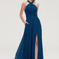 Scalloped Neck Sleeveless A-line/Princess Chiffon Long/Floor-Length Bridesmaid Dresseses With Split Pleated Mimi DEP0025424