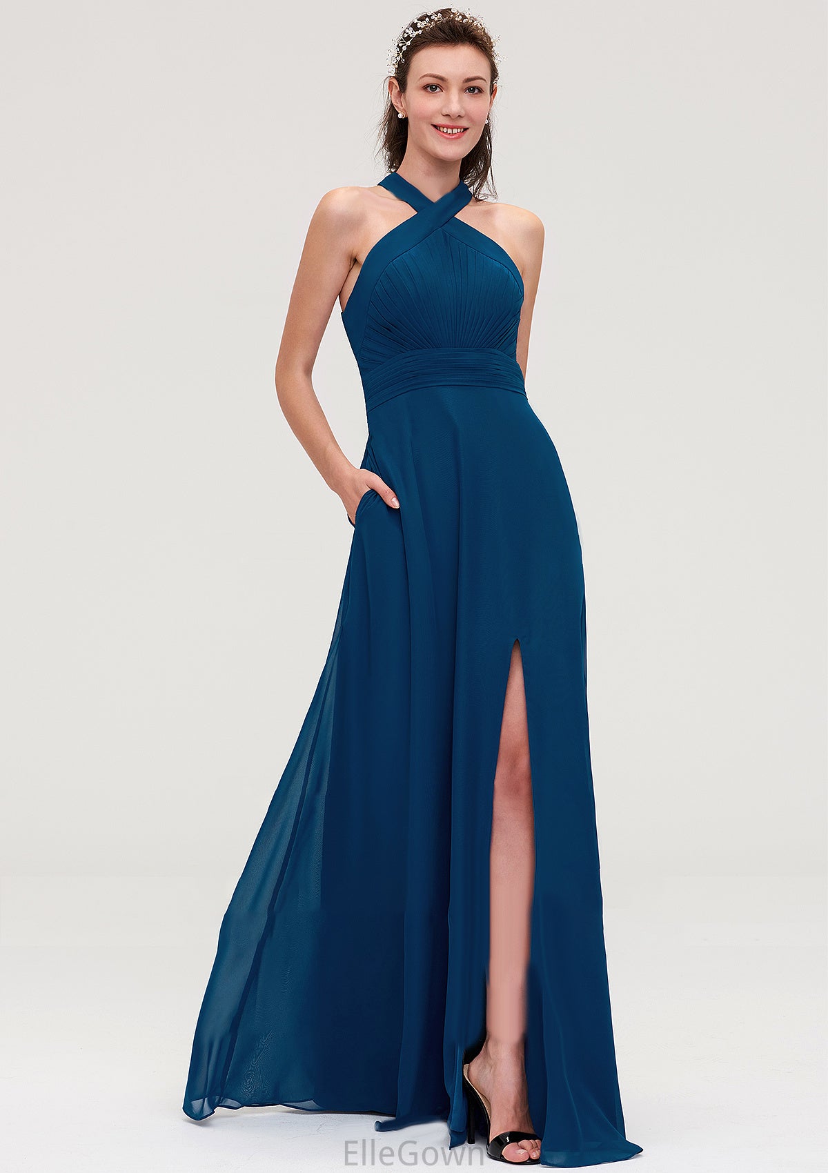 Scalloped Neck Sleeveless A-line/Princess Chiffon Long/Floor-Length Bridesmaid Dresseses With Split Pleated Mimi DEP0025424