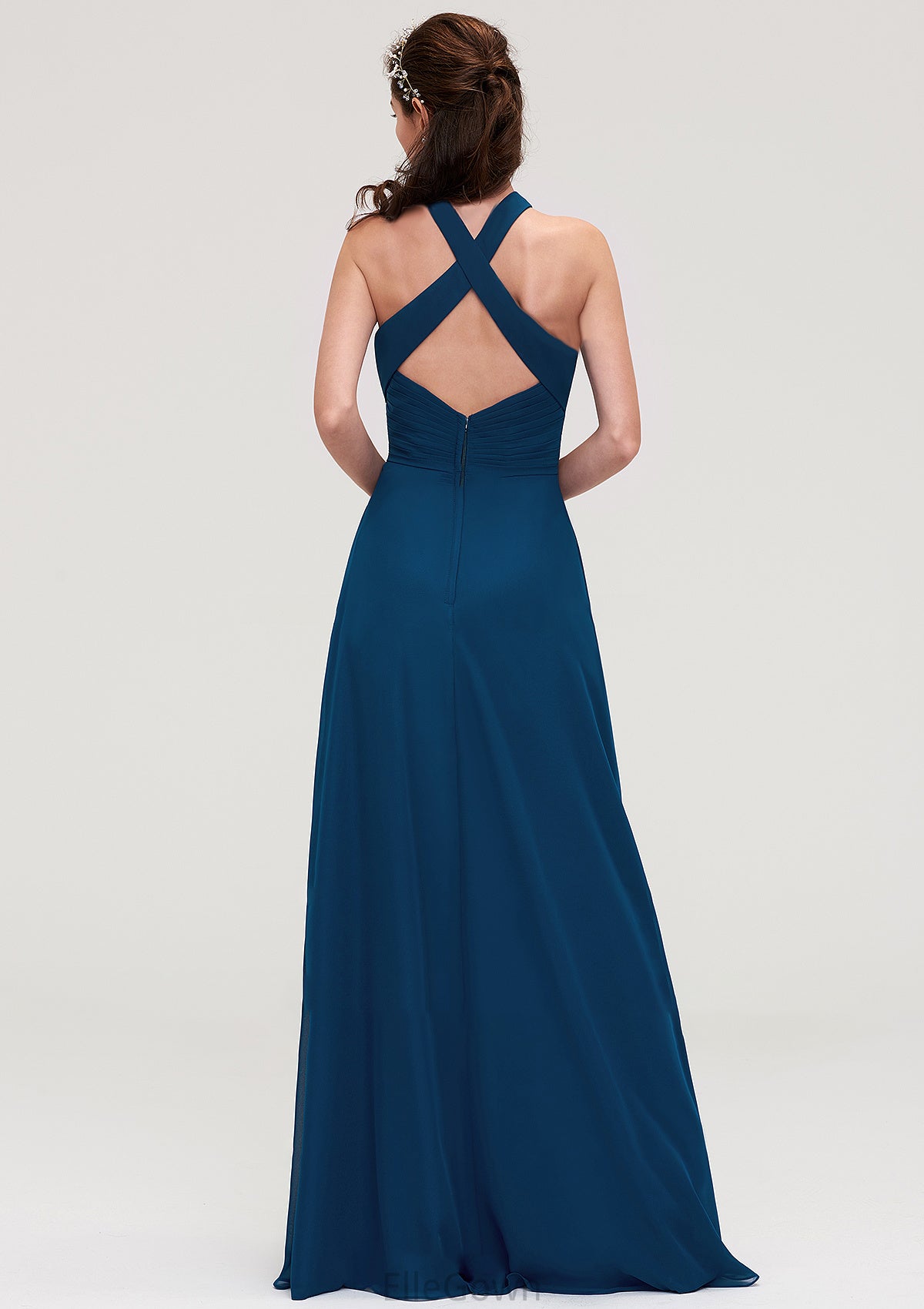 Scalloped Neck Sleeveless A-line/Princess Chiffon Long/Floor-Length Bridesmaid Dresseses With Split Pleated Mimi DEP0025424