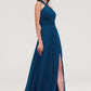 Scalloped Neck Sleeveless A-line/Princess Chiffon Long/Floor-Length Bridesmaid Dresseses With Split Pleated Mimi DEP0025424