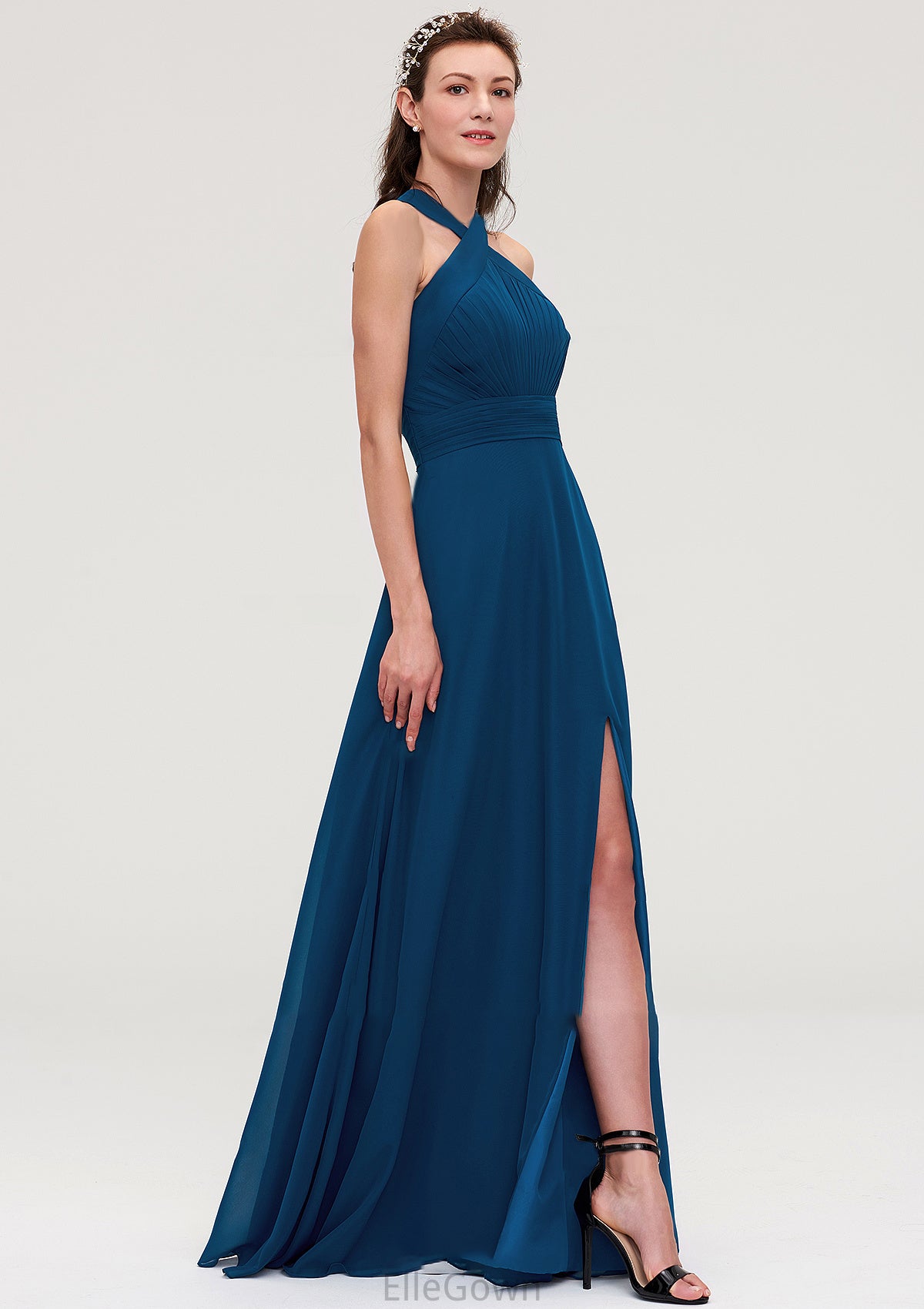 Scalloped Neck Sleeveless A-line/Princess Chiffon Long/Floor-Length Bridesmaid Dresseses With Split Pleated Mimi DEP0025424