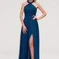 Scalloped Neck Sleeveless A-line/Princess Chiffon Long/Floor-Length Bridesmaid Dresseses With Split Pleated Mimi DEP0025424