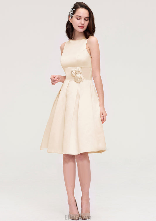 Sleeveless Bateau Knee-Length Satin A-line/Princess Bridesmaid Dresses With Pleated Flowers Sanaa DEP0025425