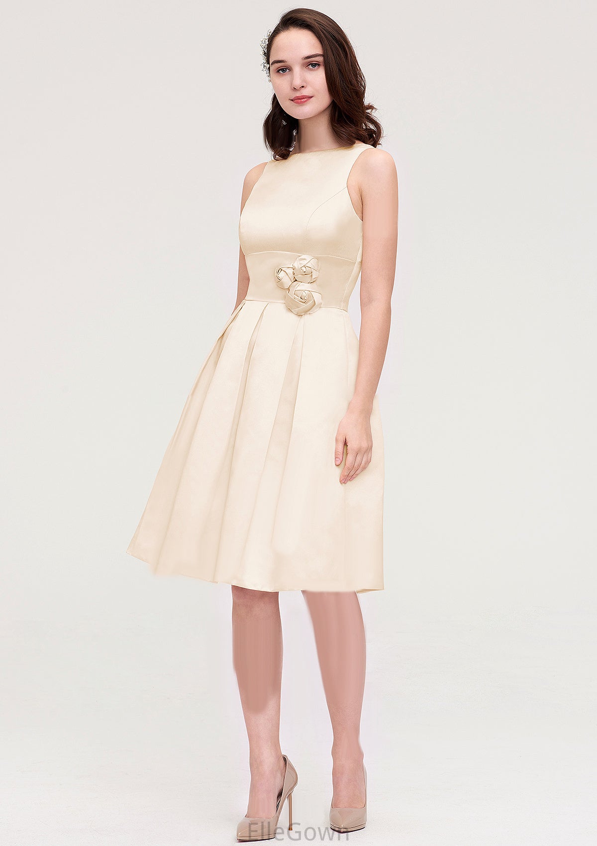 Sleeveless Bateau Knee-Length Satin A-line/Princess Bridesmaid Dresses With Pleated Flowers Sanaa DEP0025425