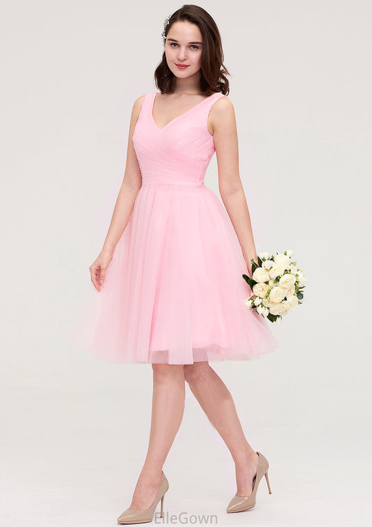 Sleeveless V Neck Knee-Length Tulle A-line/Princess Bridesmaid Dresses With Pleated Abigail DEP0025426