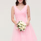 Sleeveless V Neck Knee-Length Tulle A-line/Princess Bridesmaid Dresses With Pleated Abigail DEP0025426