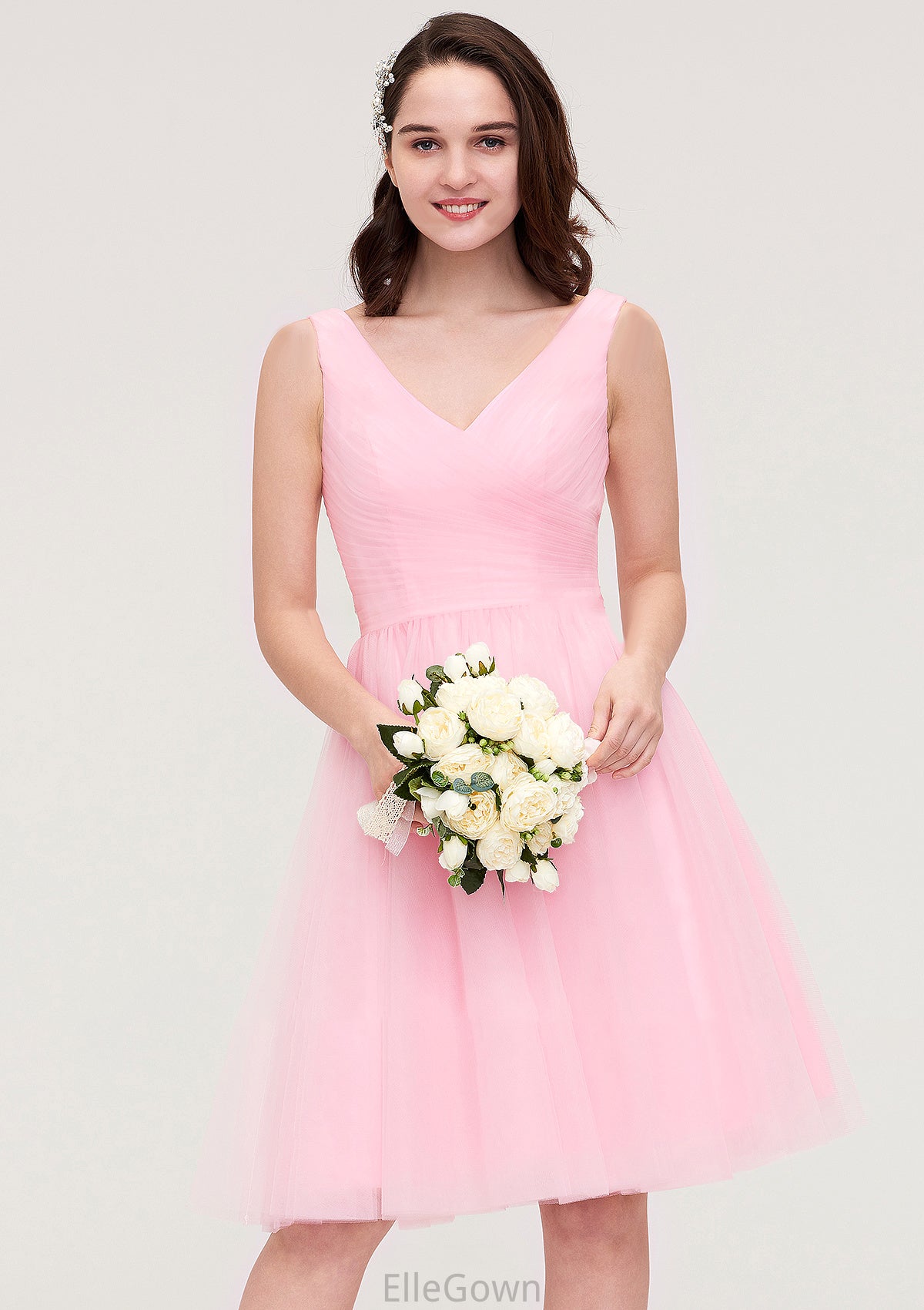 Sleeveless V Neck Knee-Length Tulle A-line/Princess Bridesmaid Dresses With Pleated Abigail DEP0025426