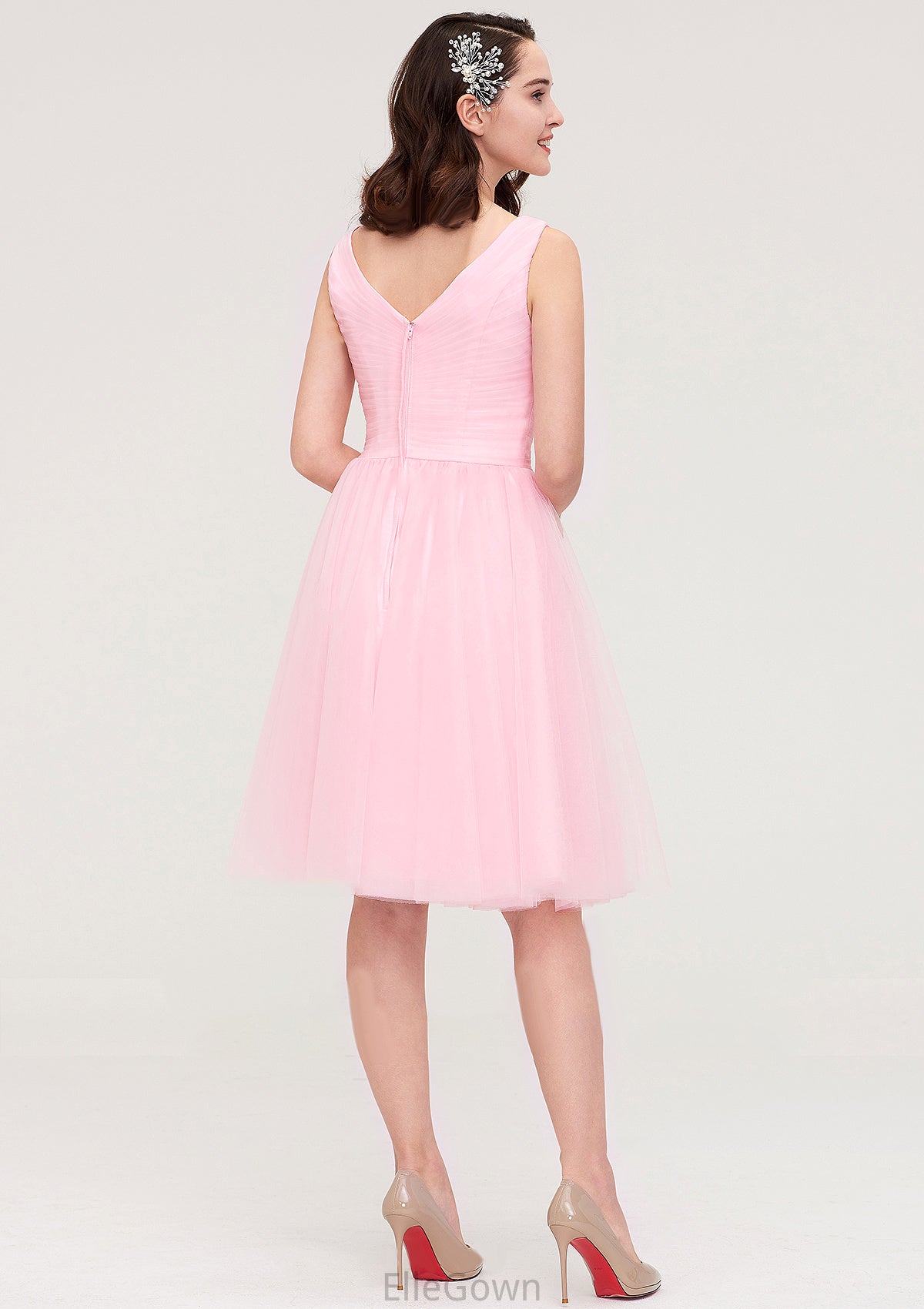 Sleeveless V Neck Knee-Length Tulle A-line/Princess Bridesmaid Dresses With Pleated Abigail DEP0025426