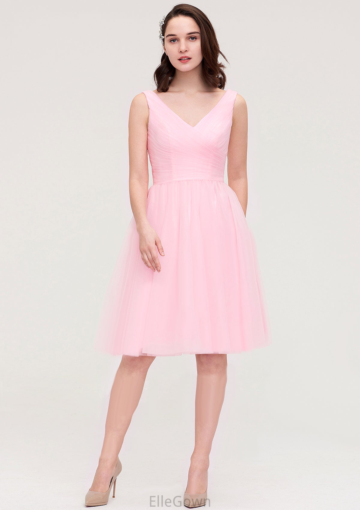 Sleeveless V Neck Knee-Length Tulle A-line/Princess Bridesmaid Dresses With Pleated Abigail DEP0025426