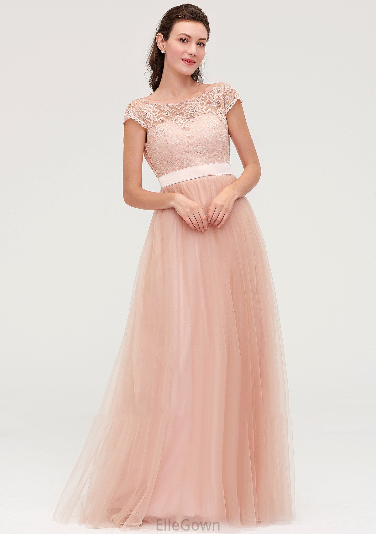 Bateau Sleeveless Tulle A-line/Princess Long/Floor-Length Bridesmaid Dresseses With Sashes Lace Mikaela DEP0025427