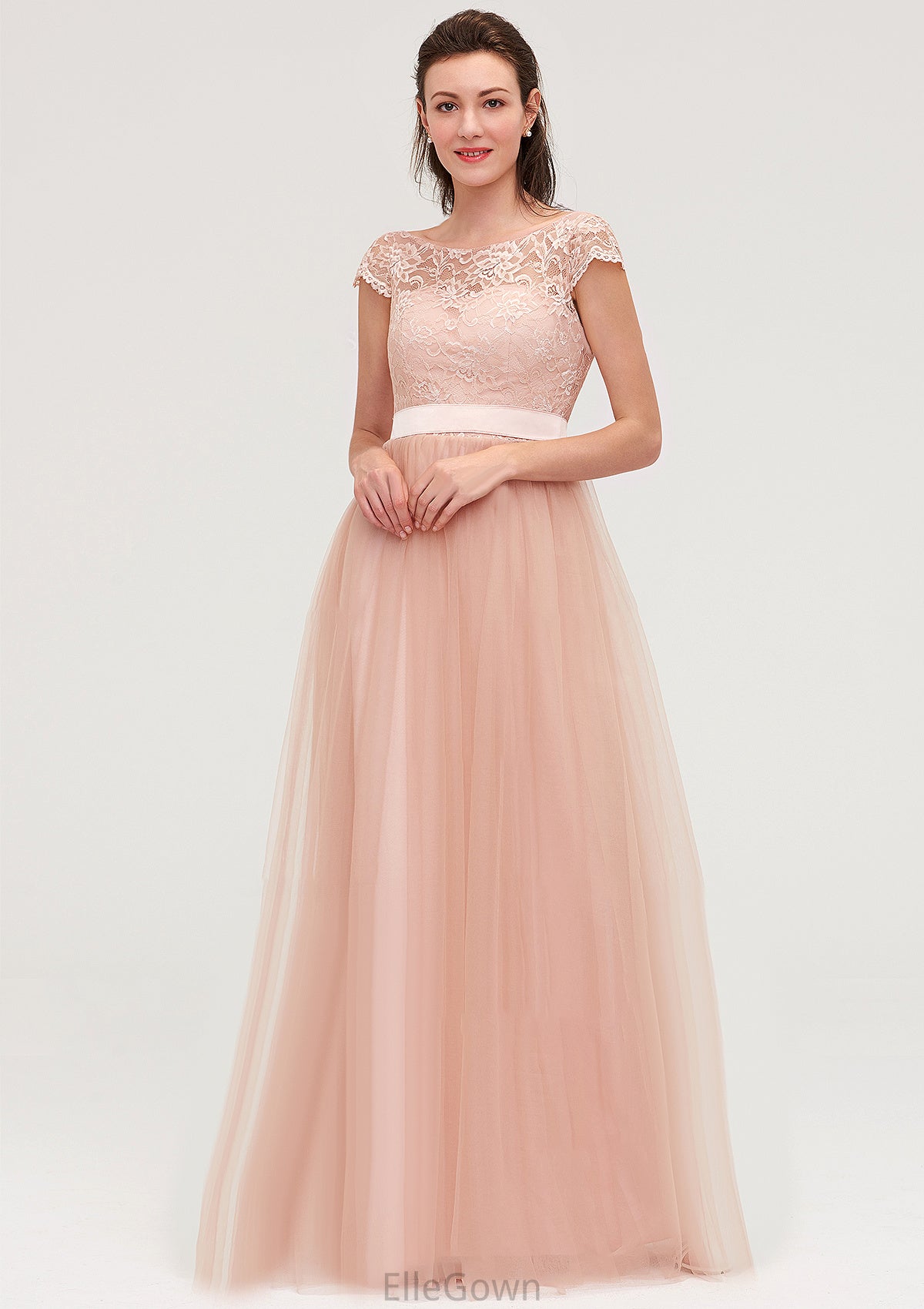 Bateau Sleeveless Tulle A-line/Princess Long/Floor-Length Bridesmaid Dresseses With Sashes Lace Mikaela DEP0025427