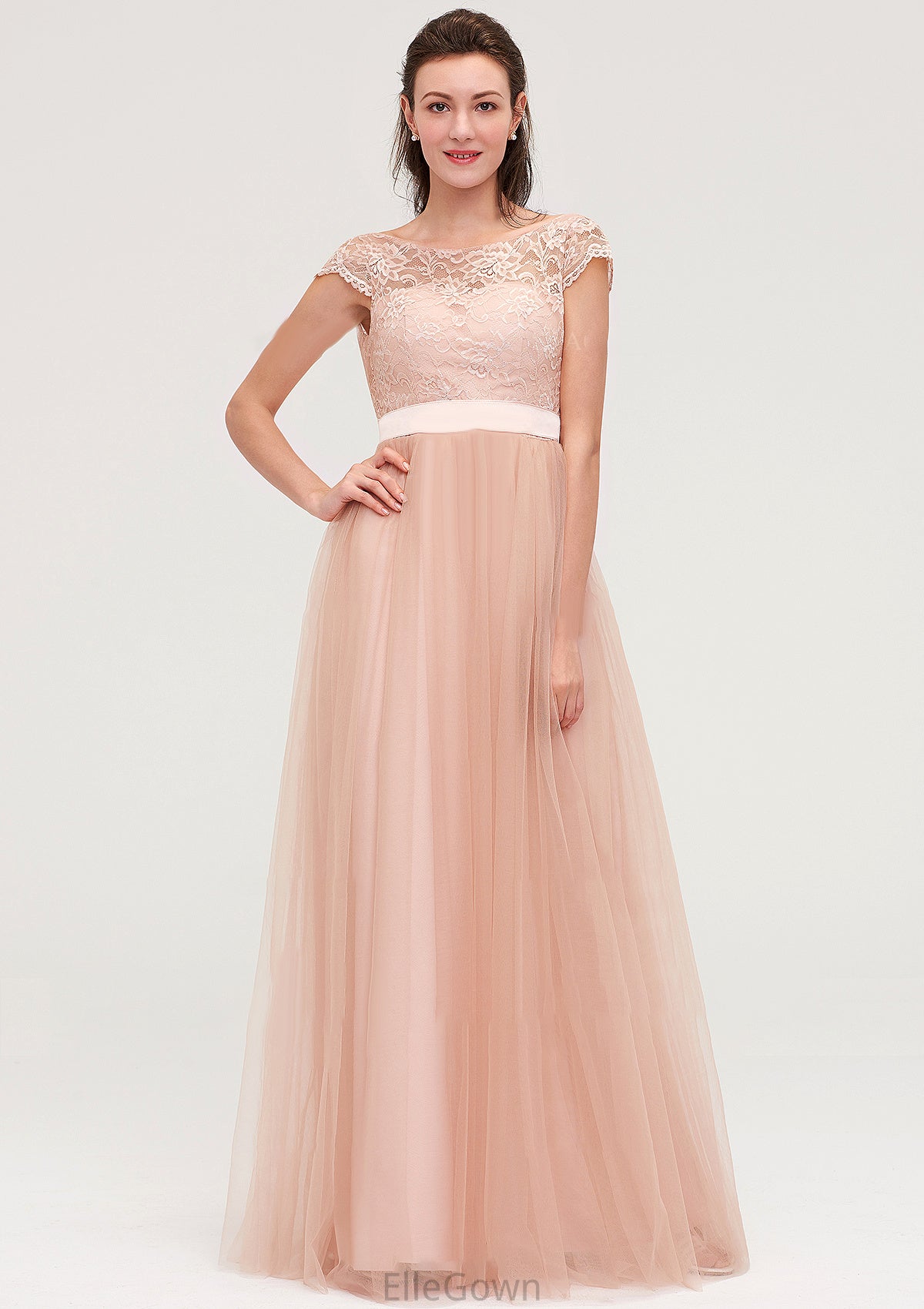 Bateau Sleeveless Tulle A-line/Princess Long/Floor-Length Bridesmaid Dresseses With Sashes Lace Mikaela DEP0025427