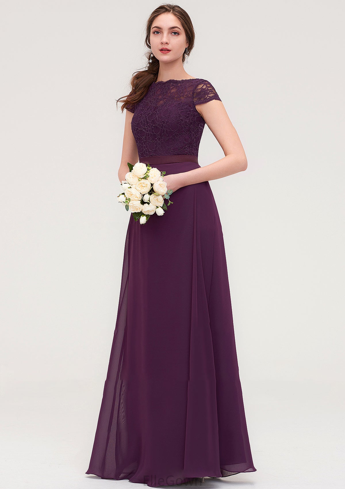 Short Sleeve Bateau Long/Floor-Length  Chiffon A-line/Princess Bridesmaid Dresses With Sashes Lace Ava DEP0025428