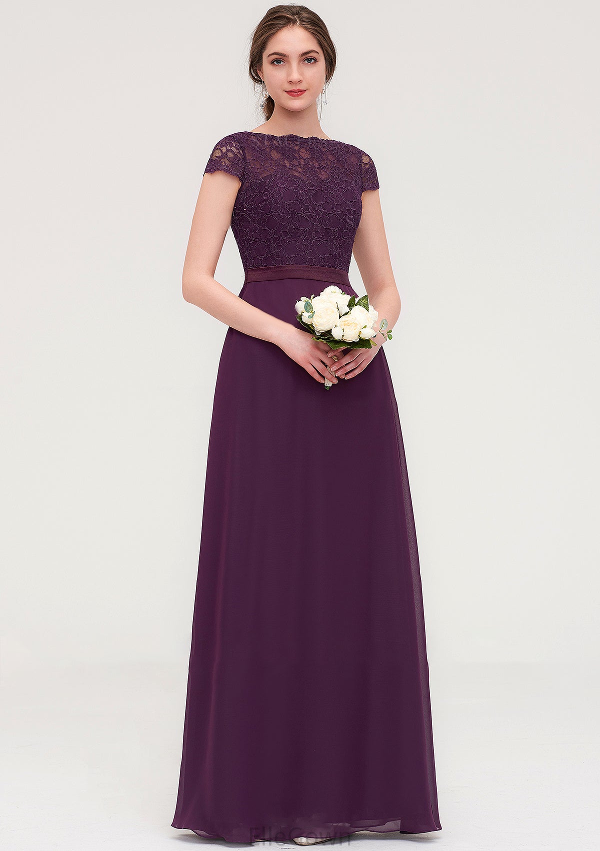 Short Sleeve Bateau Long/Floor-Length  Chiffon A-line/Princess Bridesmaid Dresses With Sashes Lace Ava DEP0025428