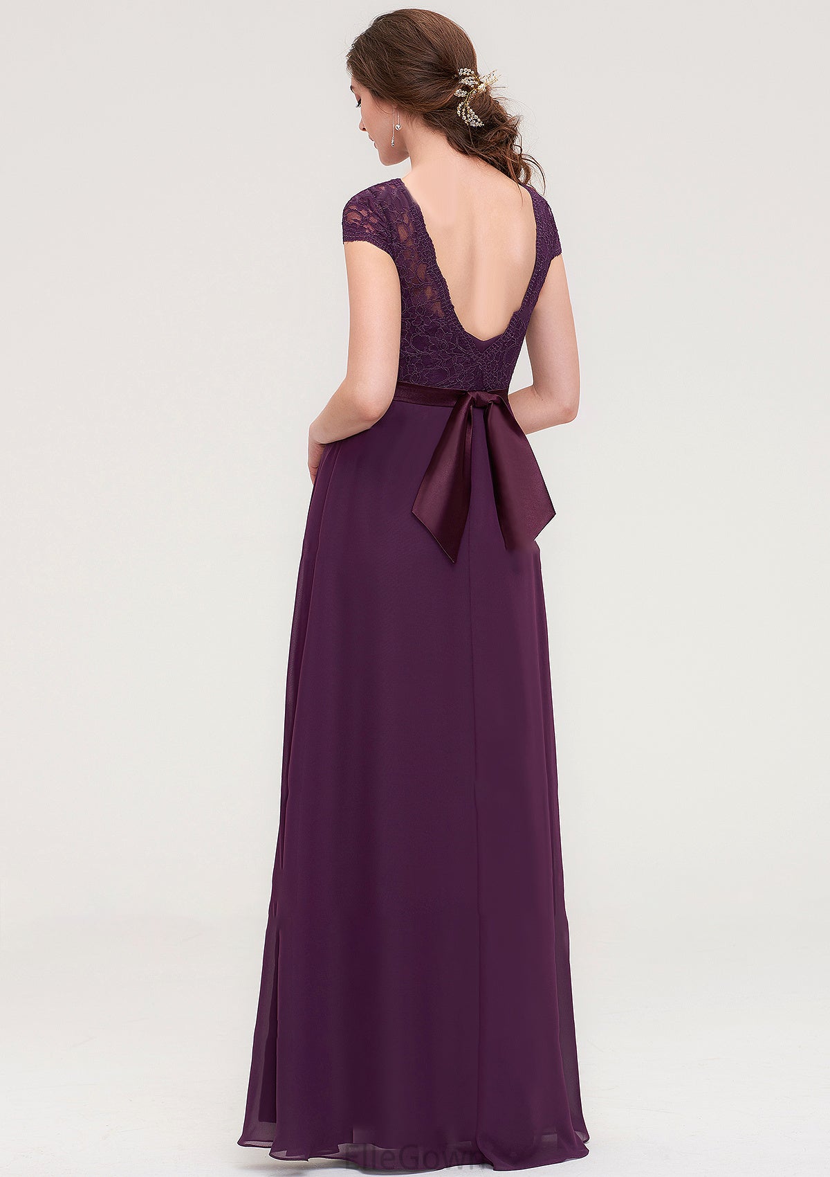 Short Sleeve Bateau Long/Floor-Length  Chiffon A-line/Princess Bridesmaid Dresses With Sashes Lace Ava DEP0025428