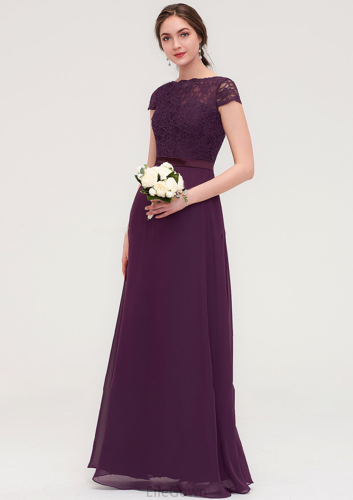 Short Sleeve Bateau Long/Floor-Length  Chiffon A-line/Princess Bridesmaid Dresses With Sashes Lace Ava DEP0025428