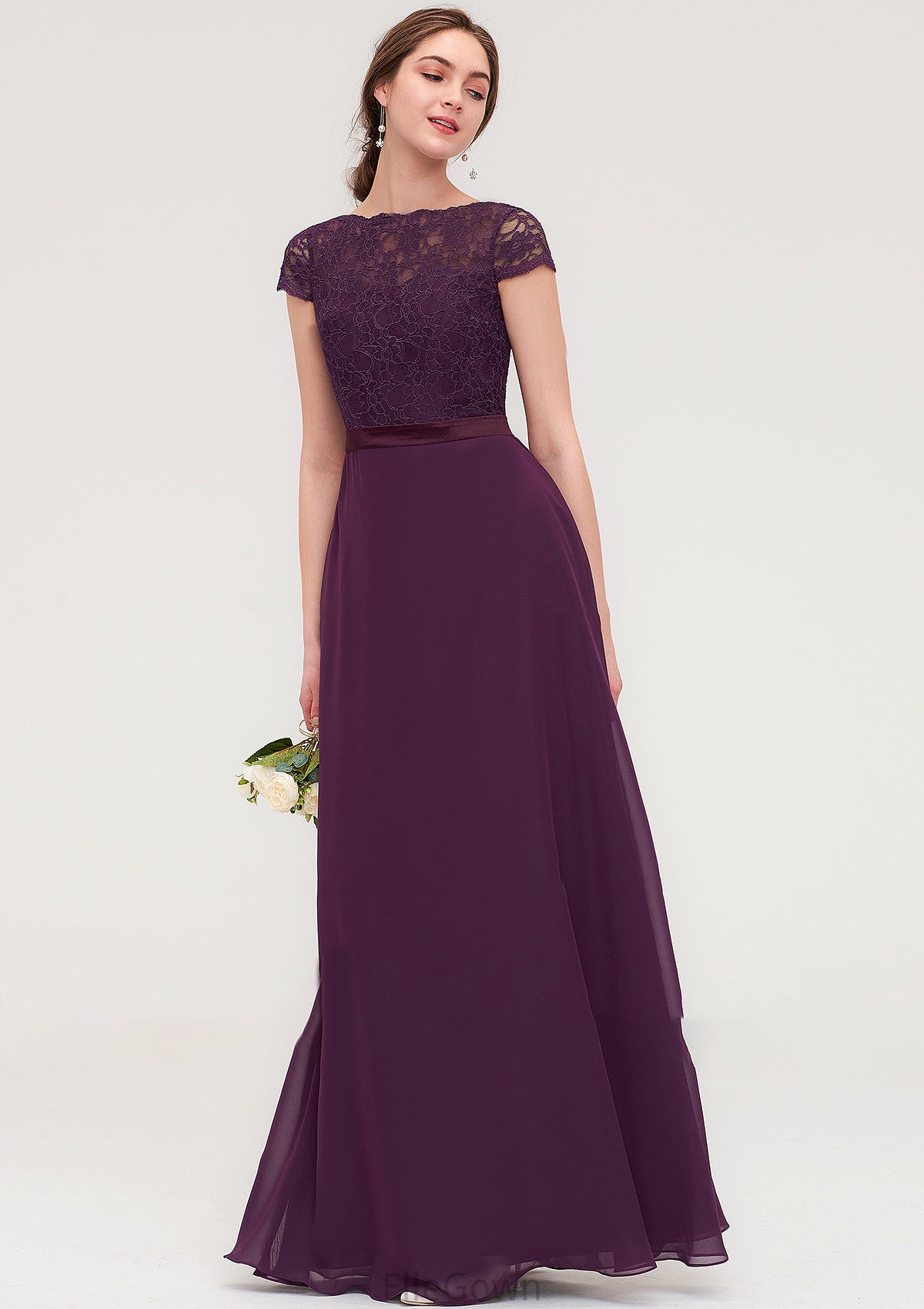 Short Sleeve Bateau Long/Floor-Length  Chiffon A-line/Princess Bridesmaid Dresses With Sashes Lace Ava DEP0025428