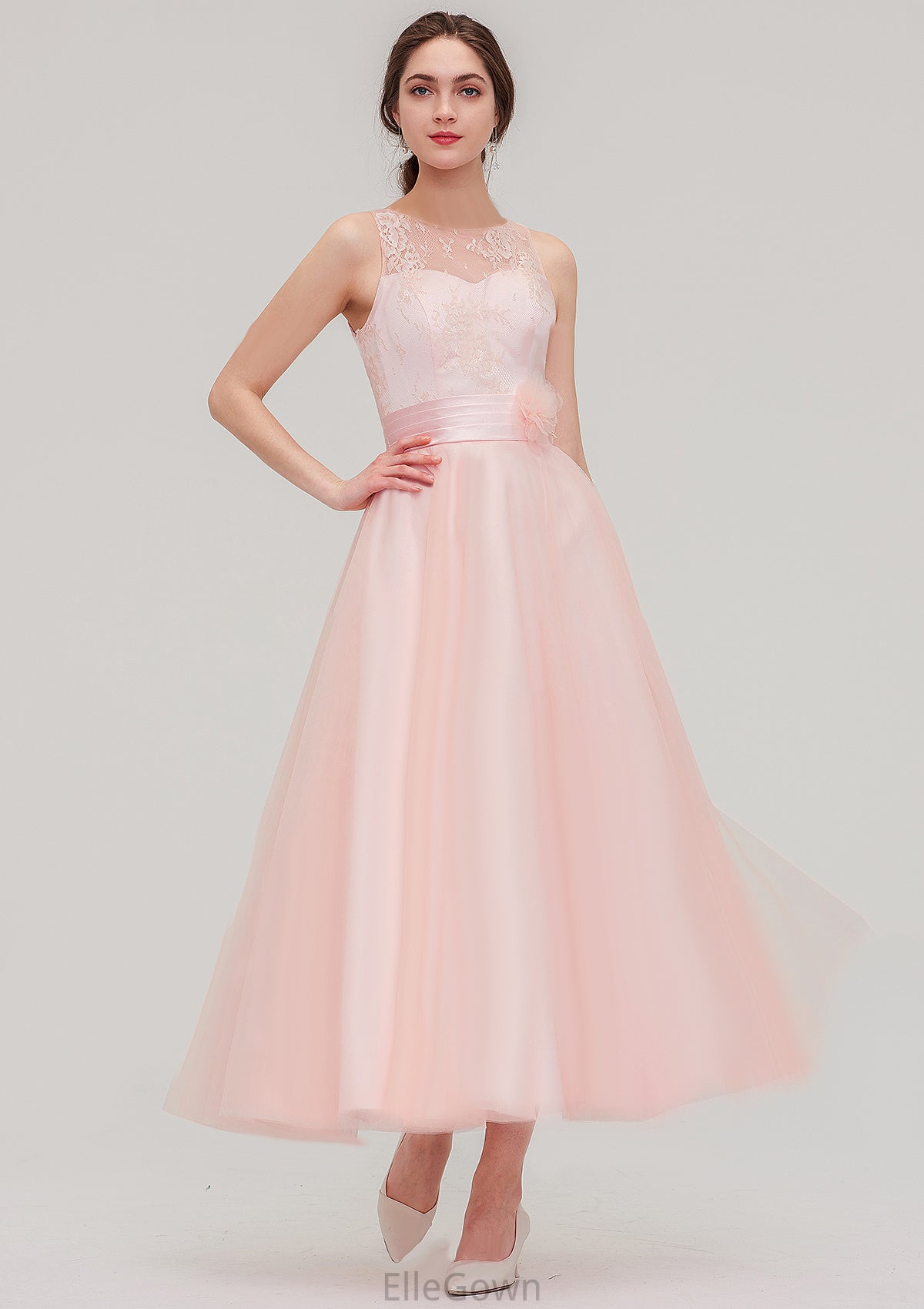 Tea-Length Sleeveless Bateau Tulle A-line/Princess Bridesmaid Dresses With Waistband Lace Miracle DEP0025429