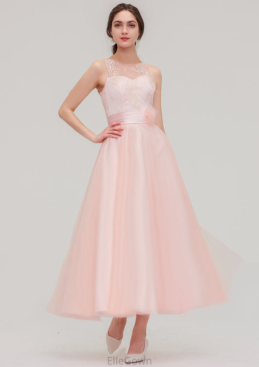 Tea-Length Sleeveless Bateau Tulle A-line/Princess Bridesmaid Dresses With Waistband Lace Miracle DEP0025429