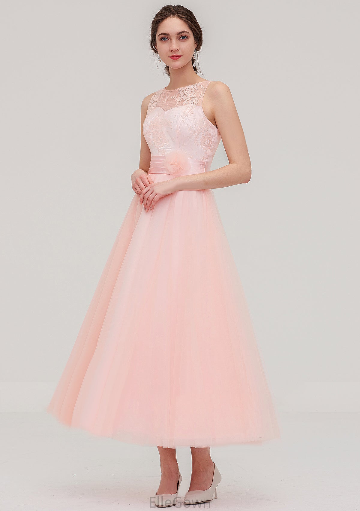 Tea-Length Sleeveless Bateau Tulle A-line/Princess Bridesmaid Dresses With Waistband Lace Miracle DEP0025429