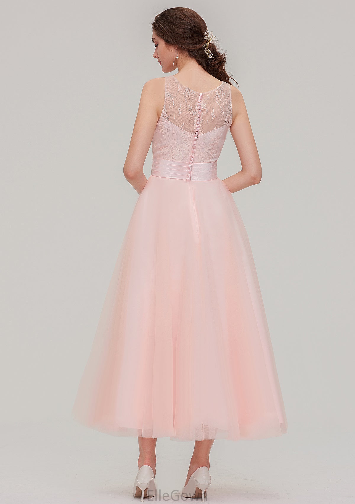 Tea-Length Sleeveless Bateau Tulle A-line/Princess Bridesmaid Dresses With Waistband Lace Miracle DEP0025429