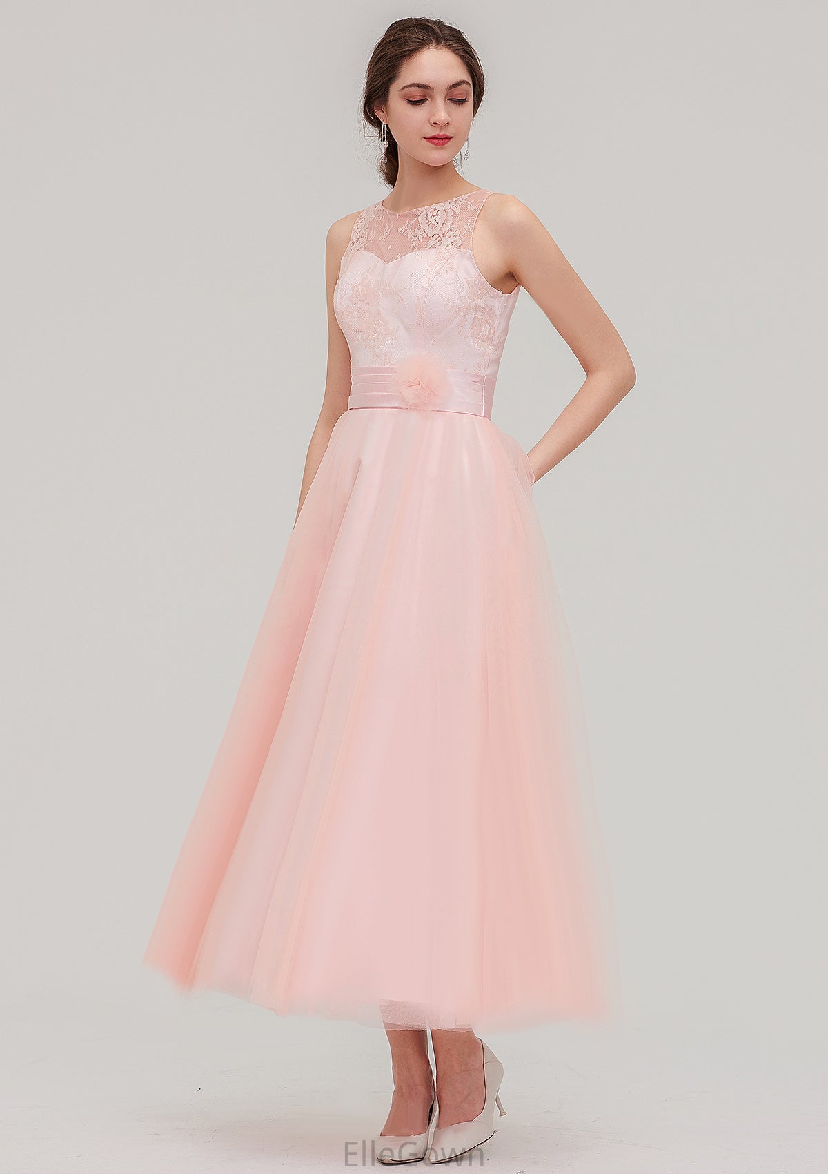 Tea-Length Sleeveless Bateau Tulle A-line/Princess Bridesmaid Dresses With Waistband Lace Miracle DEP0025429