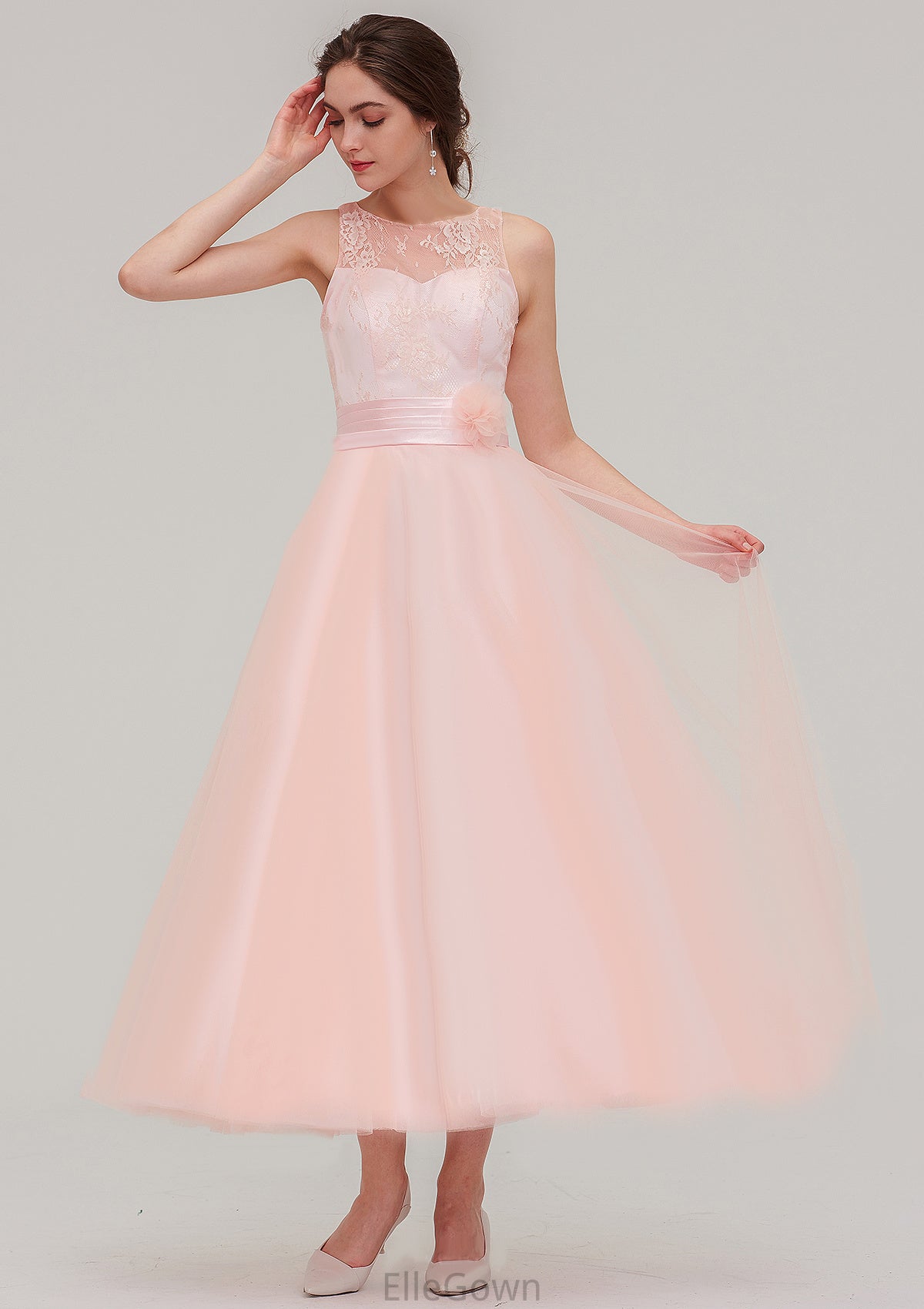 Tea-Length Sleeveless Bateau Tulle A-line/Princess Bridesmaid Dresses With Waistband Lace Miracle DEP0025429