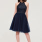 Sleeveless Halter Knee-Length Tulle A-line/Princess Bridesmaid Dresses With Sequins Appliqued Sashes Haylee DEP0025430