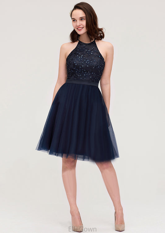 Sleeveless Halter Knee-Length Tulle A-line/Princess Bridesmaid Dresses With Sequins Appliqued Sashes Haylee DEP0025430