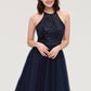 Sleeveless Halter Knee-Length Tulle A-line/Princess Bridesmaid Dresses With Sequins Appliqued Sashes Haylee DEP0025430