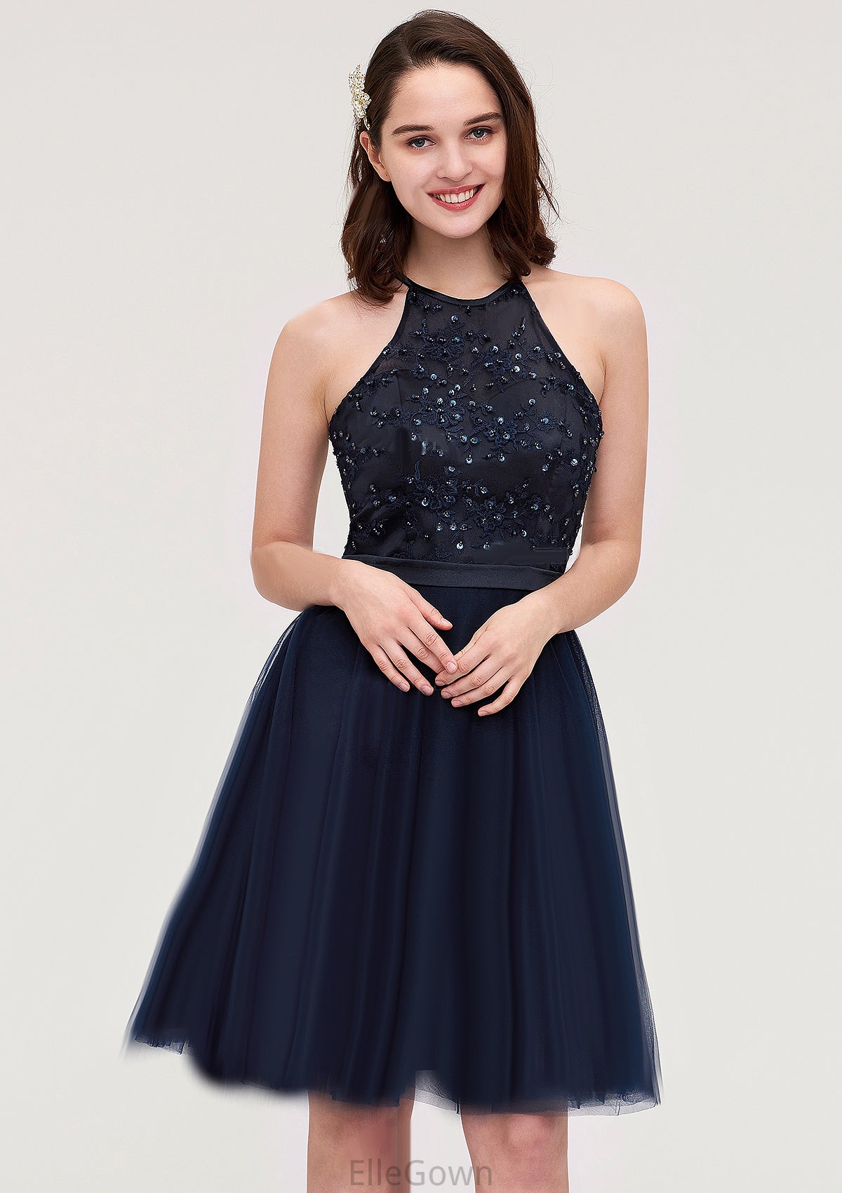 Sleeveless Halter Knee-Length Tulle A-line/Princess Bridesmaid Dresses With Sequins Appliqued Sashes Haylee DEP0025430