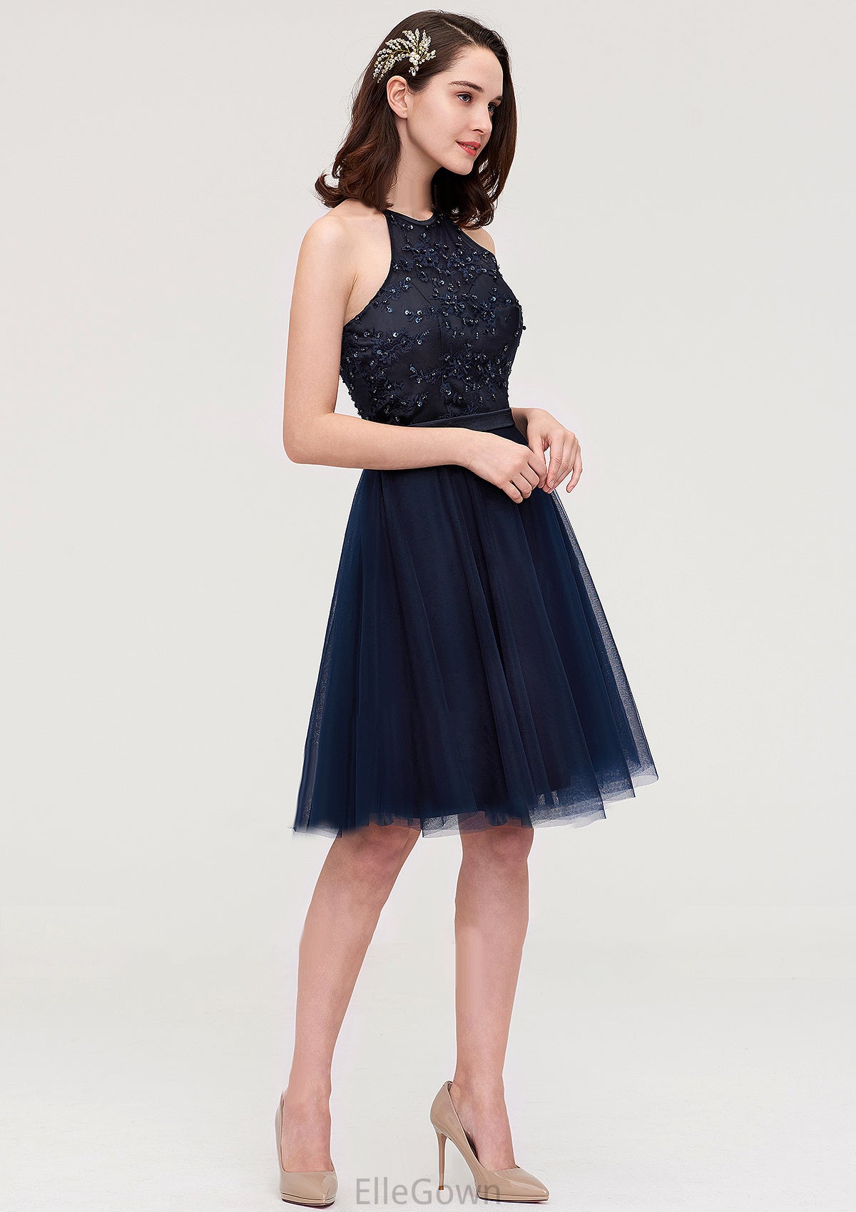 Sleeveless Halter Knee-Length Tulle A-line/Princess Bridesmaid Dresses With Sequins Appliqued Sashes Haylee DEP0025430