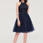 Sleeveless Halter Knee-Length Tulle A-line/Princess Bridesmaid Dresses With Sequins Appliqued Sashes Haylee DEP0025430