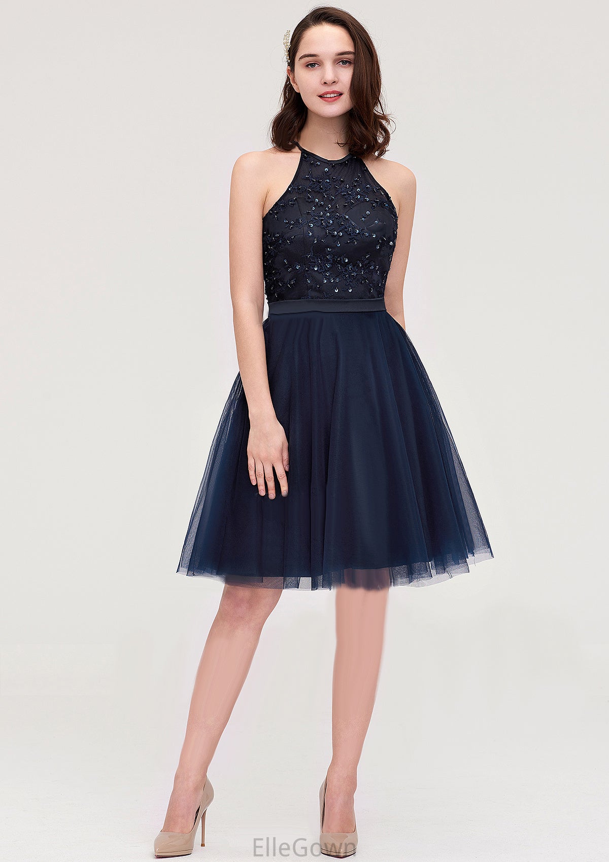 Sleeveless Halter Knee-Length Tulle A-line/Princess Bridesmaid Dresses With Sequins Appliqued Sashes Haylee DEP0025430