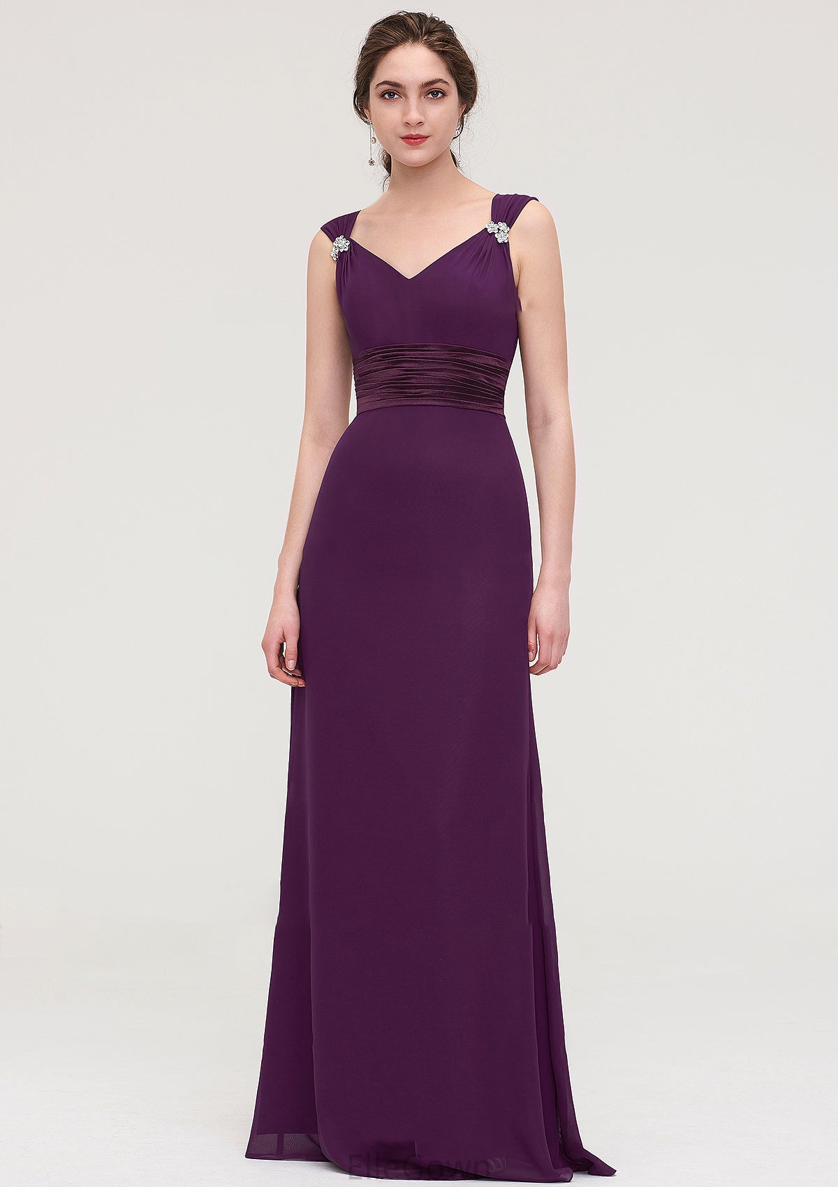 Sleeveless V Neck Long/Floor-Length Sheath/Column Chiffon Bridesmaid Dresses With Sashes Beading Pleated Casey DEP0025432