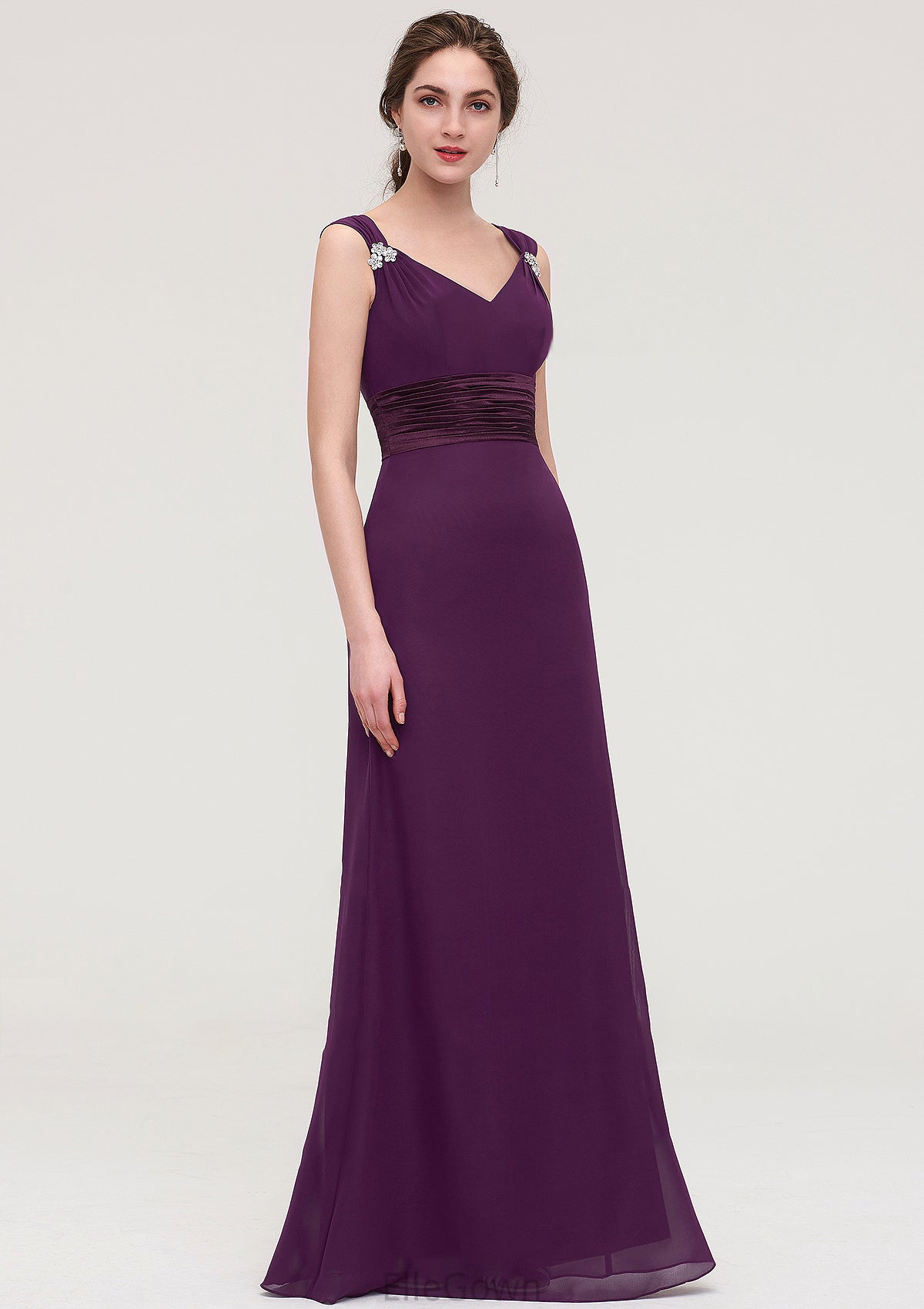 Sleeveless V Neck Long/Floor-Length Sheath/Column Chiffon Bridesmaid Dresses With Sashes Beading Pleated Casey DEP0025432