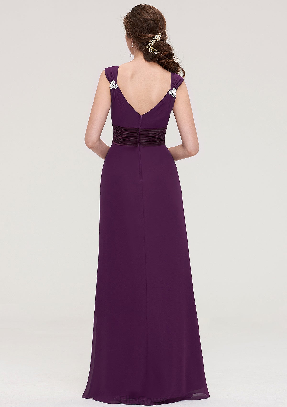 Sleeveless V Neck Long/Floor-Length Sheath/Column Chiffon Bridesmaid Dresses With Sashes Beading Pleated Casey DEP0025432