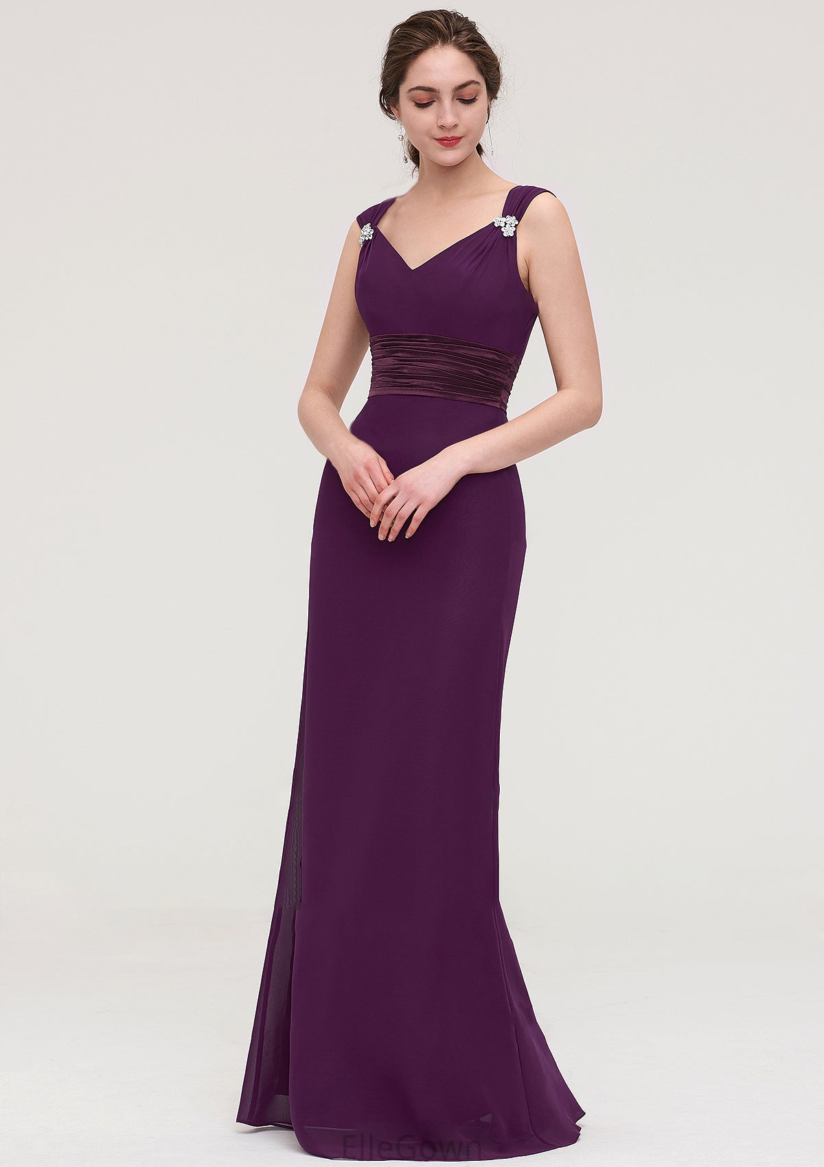 Sleeveless V Neck Long/Floor-Length Sheath/Column Chiffon Bridesmaid Dresses With Sashes Beading Pleated Casey DEP0025432