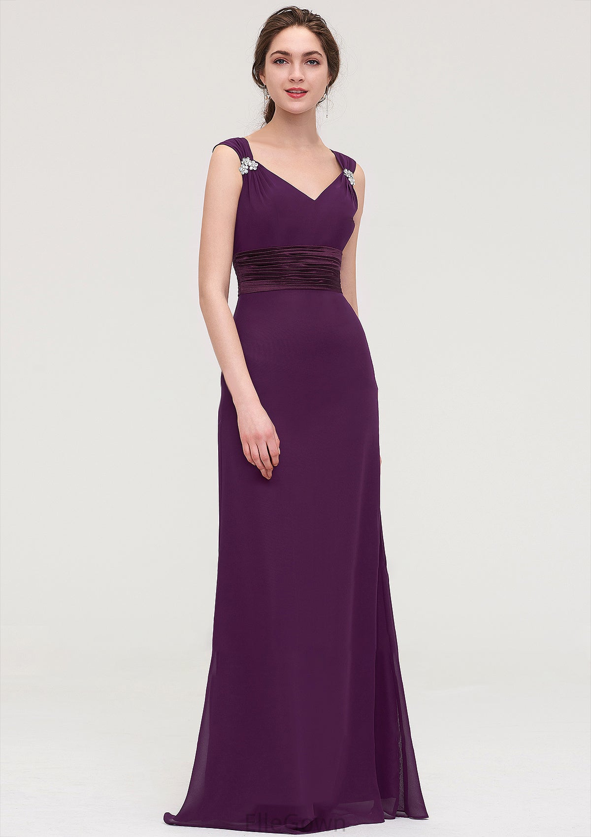 Sleeveless V Neck Long/Floor-Length Sheath/Column Chiffon Bridesmaid Dresses With Sashes Beading Pleated Casey DEP0025432