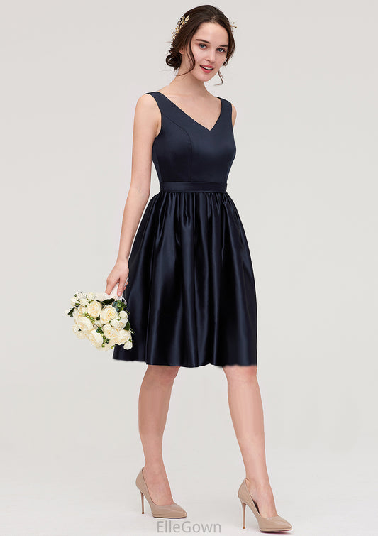 V Neck Sleeveless A-line/Princess Knee-Length Satin Bridesmaid Dresses With Pleated Ada DEP0025433