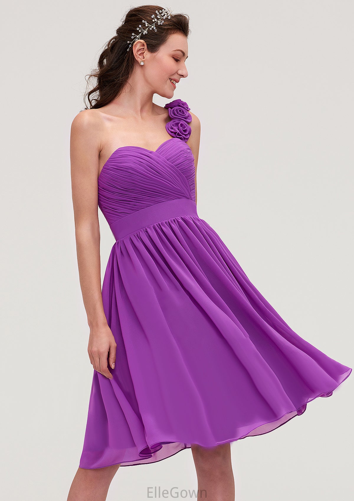 One-Shoulder Sleeveless Knee-Length Chiffon A-line/Princess Bridesmaid Dresseses With Pleated Flowers Maribel DEP0025441