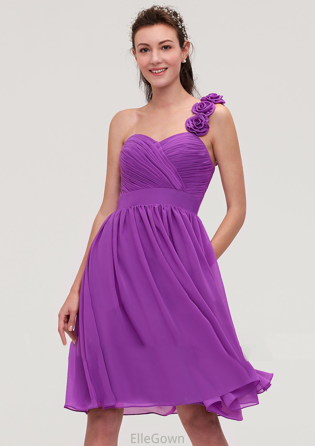 One-Shoulder Sleeveless Knee-Length Chiffon A-line/Princess Bridesmaid Dresseses With Pleated Flowers Maribel DEP0025441