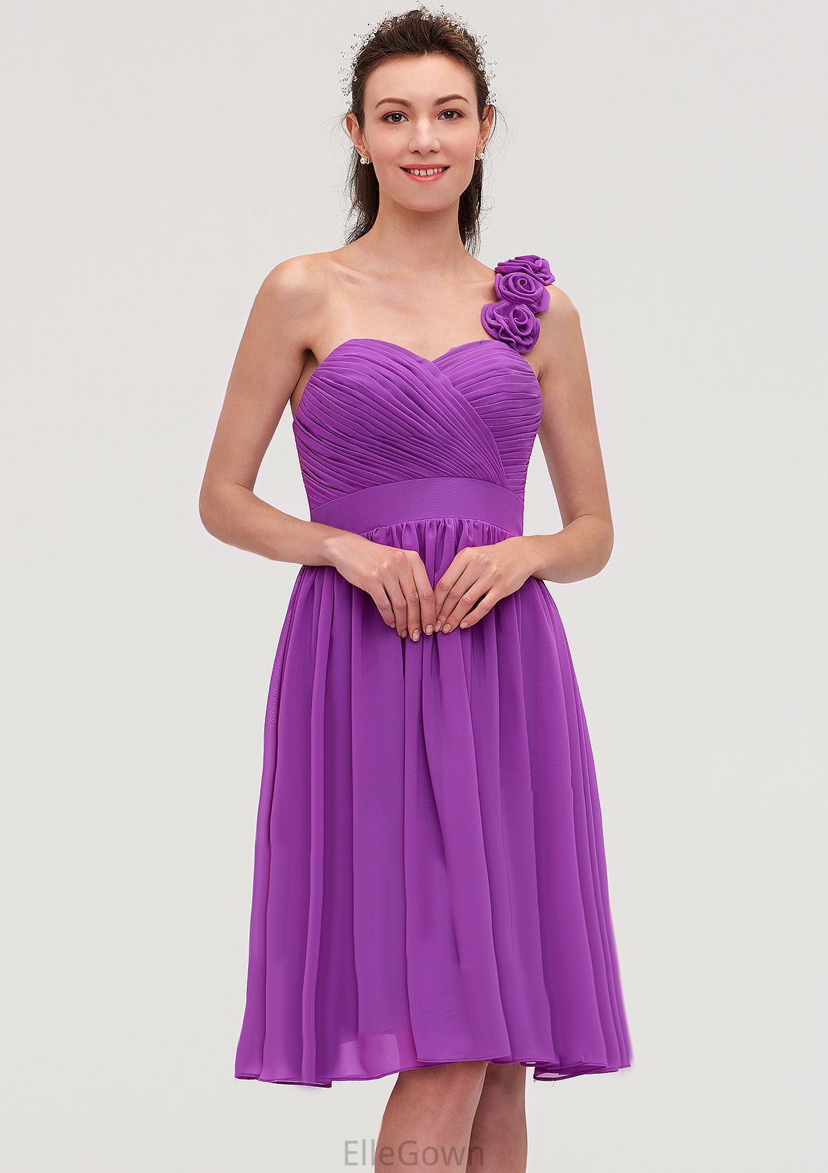 One-Shoulder Sleeveless Knee-Length Chiffon A-line/Princess Bridesmaid Dresseses With Pleated Flowers Maribel DEP0025441