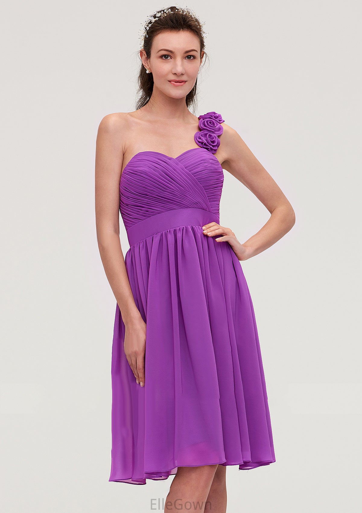 One-Shoulder Sleeveless Knee-Length Chiffon A-line/Princess Bridesmaid Dresseses With Pleated Flowers Maribel DEP0025441