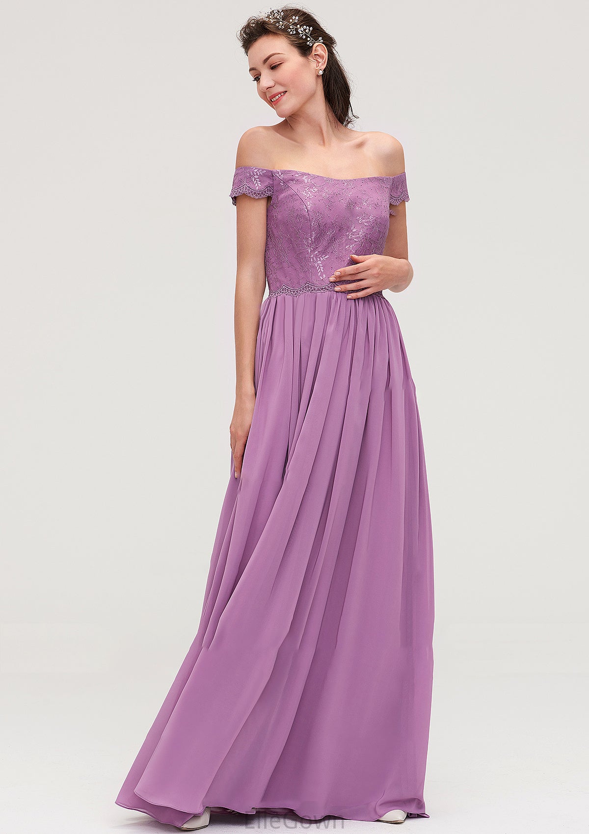 Sleeveless Off-the-Shoulder Long/Floor-Length Chiffon A-line/Princess Bridesmaid Dresseses With Appliqued Lara DEP0025442