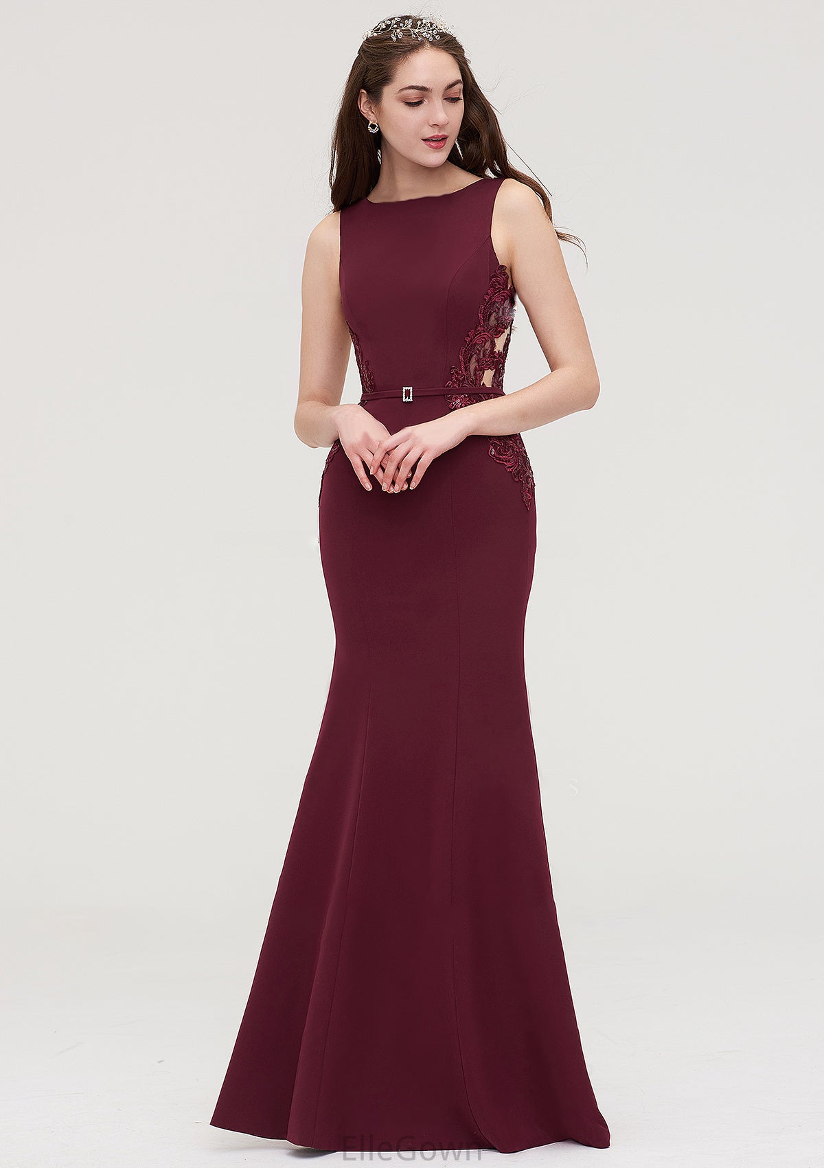 Bateau Sleeveless Sheath/Column Long/Floor-Length Elastic Satin Bridesmaid Dresses With Waistband Lace Sequins Cadence DEP0025443