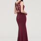 Bateau Sleeveless Sheath/Column Long/Floor-Length Elastic Satin Bridesmaid Dresses With Waistband Lace Sequins Cadence DEP0025443